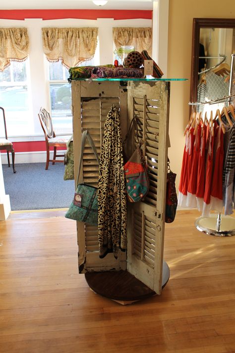 Repurposed shutters made into a display rack Repurposed Shutters, Vendor Displays, Diy Shutters, Craft Booth Displays, Boutique Display, Clothing Displays, Craft Fair Displays, Boutique Decor, Market Displays