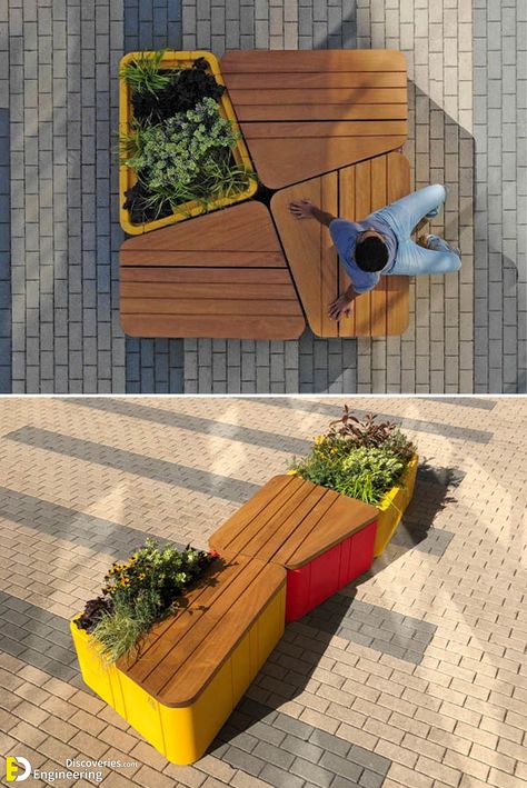 Creative Outdoor Seating, Seating Planter, Bench Outdoor Seating, Urban Furniture Bench, Urban Spaces Design, Streetscape Design, Unique Seating, Plaza Design, Planter Bench