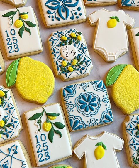 When life gives you an Amalfi-inspired baby shower order, make lemon (cookies)! La Dolce Vita 🍋 Loved working on this set…this theme has… | Instagram Amalfi Coast Theme Cake, Lemon Themed Cookies, Amalfi Cookies, Amalfi Coast Cookies, Limoncello Baby Shower Theme, Italy Theme Baby Shower Ideas, Italian Lemon Baby Shower Theme, Italian Summer Baby Shower Theme, Lemon Shower Theme