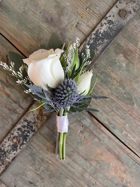 French Blue Winter Wedding, Winter Button Holes, Thistle Button Holes Wedding, Blue Thistle Bouquet, Blue Thistle Boutonniere, Blue Thistle Boutonniere Groomsmen, Thistle Bouquet Wedding, White Rose And Thistle Bouquet, Thistle Wedding Flowers