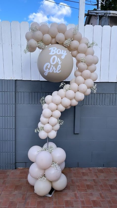 Gender Reveal Balloon Arch Ideas, Small Gender Reveal Decorations, Aesthetic Gender Reveal Ideas, Gender Real Decorations, Question Mark Balloon Arch, Gender Reveal Balloon Decor, Chic Gender Reveal Party, Boujee Gender Reveal, Balloon Decor Gender Reveal