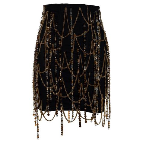 Gold Inspired Outfits, Black And Gold Clothes, Black And Gold Outfit Parties, Dolce And Gabbana Aesthetic, Dolce And Gabbana Skirt, Skirt With Chains, 1stdibs Fashion, Black And Gold Skirt, Gold Clothes