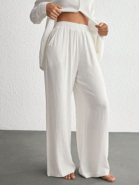 SHEIN Leisure-E Solid Wide Leg Lounge PantsI discovered amazing products on SHEIN.com, come check them out! Clothing Texture, Shein Fits, Wide Leg Lounge Pants, Hijab Style Casual, Stretchy Pants, Pj Pants, Loose Outfit, Vacation Outfits, Lounge Pants