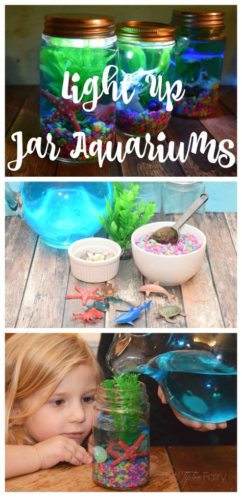 Make a Light Up Mason Jar Aquarium! Fun kids craft idea!                                                                                                                                                      More Mason Jar Aquarium, Jar Aquarium, Children Activities, Jar Diy, Finding Dory, Jar Lights, Mason Jar Diy, Fun Crafts For Kids, Mason Jar Crafts