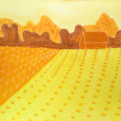 Rural Landscape in Yellow. A monochrome painting of a farm and its fields. Yellow Monochromatic Painting, Monochromatic Painting Ideas, Monochromatic Illustration, Monochromatic Painting, Monochrome Painting, Monochromatic Art, Ceramic Products, Monochrome Color, Colorful Ceramics