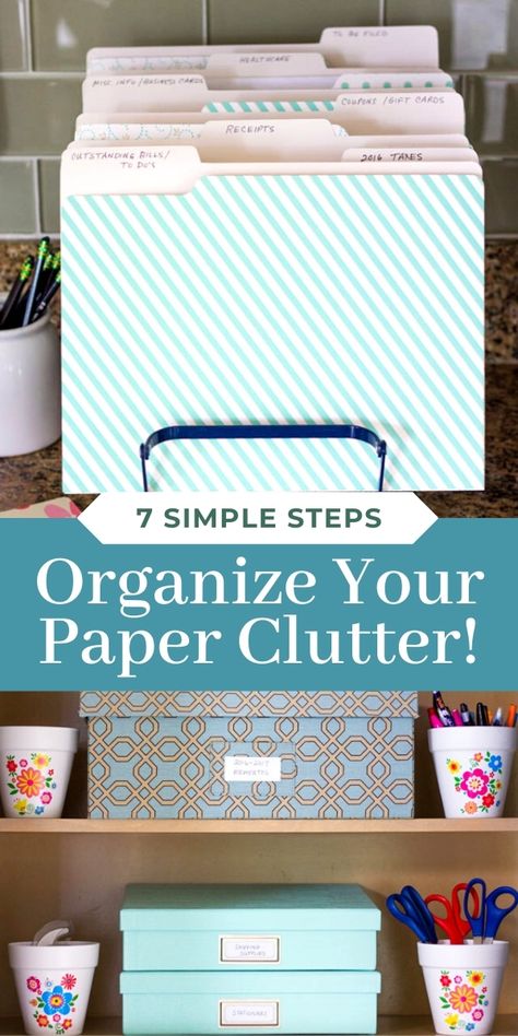 Create a simple system to organize your paper clutter including bills, mementos, and other important documents with these 7 simple steps! Once you have the system in place you'll never need to organize your paper clutter again! Important Paper Storage, Best Way To Store Important Documents, Office Paper Organization Ideas, Paper Filing Organization, Organize Documents At Home, Organizing Papers At Home, How To Organize Bills And Paperwork, How To Organize Your Desk At Home, Paper Storage Organization