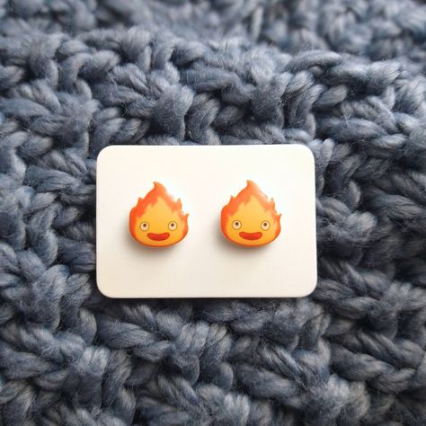 Diy Calcifer, Calcifer Clay, Polymer Clay Calcifer, Studio Ghibli Earrings Clay, Calcifer Earrings, Calcifer Coaster, Fire Demon, Anime Earrings, Howls Moving Castle