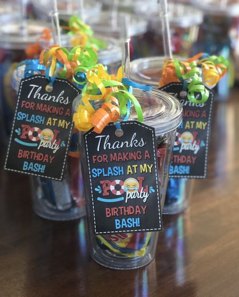 Pool Party Birthday Ideas Boys, Pool Party Party Favors Kids, Water Park Party Favors, 4th Birthday Pool Party For Boys, Pool Party Goodie Bags, Two Cool Birthday Party Boy Summer, Pool Party Gift Bags For Kids, Pool Party Candy Bar Ideas, Water Park Theme Birthday Party Ideas