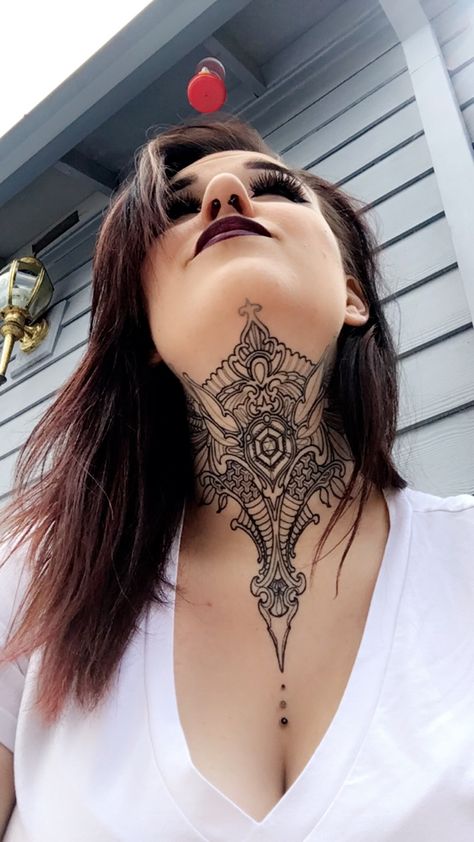 Womans Throat Tattoo, Women's Throat Tattoos, Neck And Chin Tattoos, Lace Throat Tattoo, Female Throat Tattoo Ideas Mandala, Neck Jawline Tattoo, Cat Throat Tattoo, Throat Piece Tattoo, Full Front Neck Tattoos Women