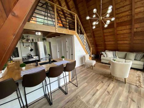 A Frame Living Room, A-frame Interior, Modern Cabin Interior, Loft House Design, Triangle House, A Frame House Plans, Lakefront Property, Frame Cabin, Best Tiny House