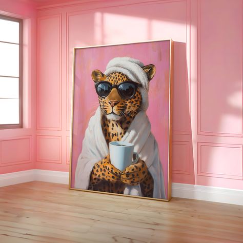 Leopard Drinking Coffee Poster, Leopard Wall Art, Pink Leopard Print, Maximalist Wall Decor, Dopamine Eclectic Poster Art - Optional Frame Eclectic Poster, Sophisticated Artwork, Confident Expression, Maximalist Wall Decor, Bathroom Art Printables, Leopard Decor, Leopard Wall Art, Safari Wall Art, Leopard Wall