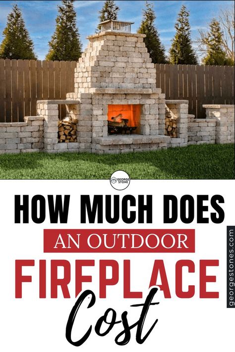 A large outdoor fireplace made of light gray stone bricks, featuring a central firebox glowing with orange flames. The structure includes side compartments stacked with firewood and is set in a backyard with a wooden fence and tall evergreen trees under a blue sky. Outdoor Fireplace For Deck, Diy Outdoor Fireplace Plans, Outdoor Fireplace Diy, Build An Outdoor Fireplace, Types Of Fireplaces, Build Outdoor Fireplace, Outdoor Fireplace Plans, Outdoor Fireplace Kits, Diy Outdoor Fireplace