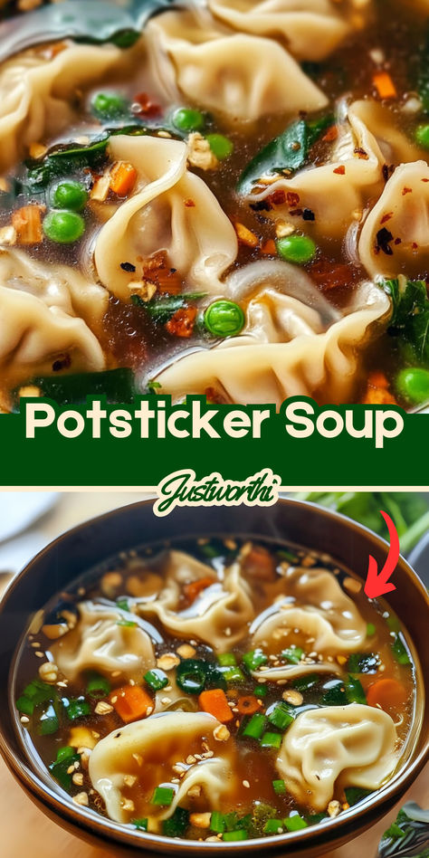 Looking for the ultimate comfort food that’s quick, hearty, and full of flavor? Potsticker Soup is the answer! This easy recipe combines tender potstickers (or dumplings), a rich broth, and vibrant vegetables for a satisfying meal that comes together in no time. It’s like your favorite dumplings got a warm, cozy upgrade. Easy Good Soup Recipes, Potstickers Recipe Soup, Soup Recipes Dumpling, Veg Dumpling Soup, Pot Stickers Soup Recipe, Pot Stickers Recipe Soup, Potsticker Soup Crockpot, Soup That Freezes Well, Pot Stickers Soup