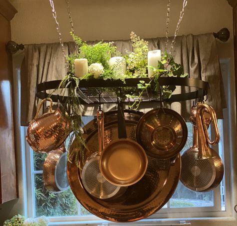 Overhead Pot Rack, Pan Rack Hanging, Hobbit Cottage, Pan Hanger, Rack Decor, French Kitchens, Rent House, Hanging Pans, Pot Racks