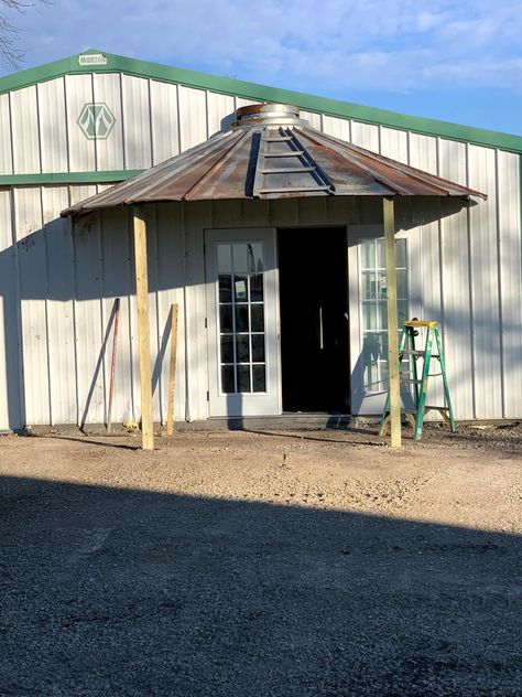 Grain Bin Awning | Converting Morton Building Barn Into Shop | Part 2 | Hometalk Grain Bin Patio Ideas, Corral Ideas, Knife Block Diy, Bin House, Grain Bin House, Grain Bins, Kitchen Bars, Morton Building, Iowa Farms