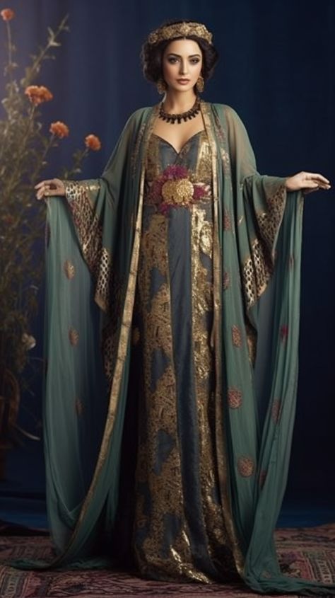 Middle Eastern Royal Clothing, Middle Eastern Clothing Women, Middle Eastern Traditional Clothing, Fantasy Arabian Clothes, Arabian Outfits For Women, Ancient Persian Clothing, Middle Eastern Princess, Egyptian Traditional Clothing, Queen Clothing