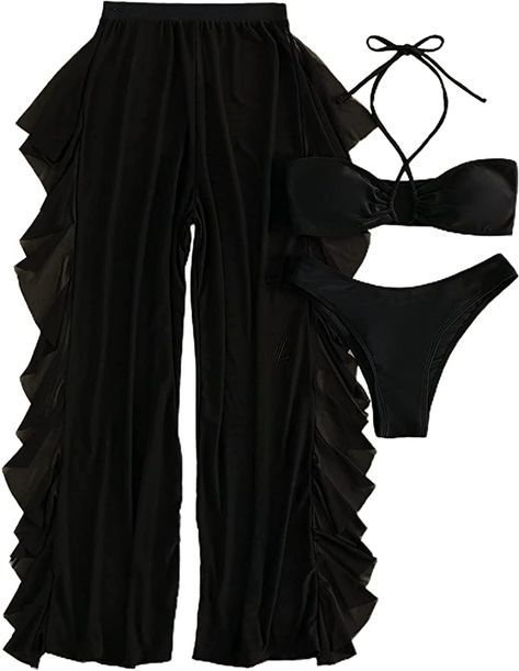 MakeMeChic Women's 3 Piece Swimsuit Solid Halter Bikini Set with Ruffle Sheer Cover Up Bodysuits And Jeans, Long Halter Dress, Sheer Mesh Dress, Mesh Pants, Halter Swimwear, Black Halter Dress, Swimwear Sets, Black Swimwear, Long Crop Top