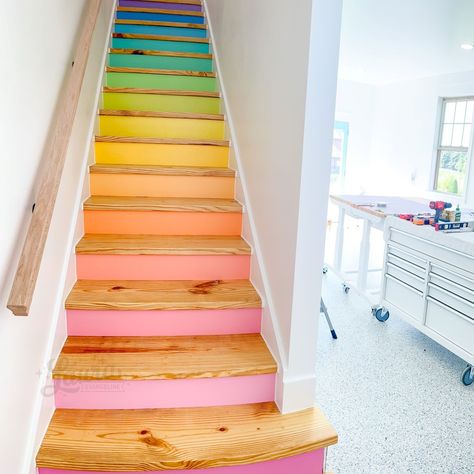 Reveal: Rainbow Painted Stairs! – Laura Evangeline Black Painted Stairs, Painted Stair Risers, Wallpaper Stairs, Painted Staircases, Staircase Runner, Diy Gallery Wall, Dark Paint Colors, Stairs Ideas, Staircase Makeover