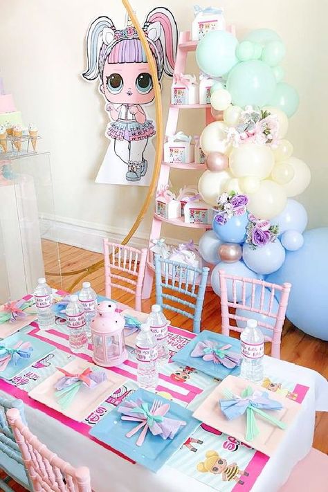 Take a look like this adorable LOL Surprise Dolls birthday party! The table settings are stunning! See more party ideas and share yours at CatchMyParty.com Lol Surprise Dolls Party Ideas, Birthday Lol Surprise, Birthday Lol, Lol Surprise Dolls, Doll Party, Kid Table, Lol Dolls, Unicorn Party, For Your Party