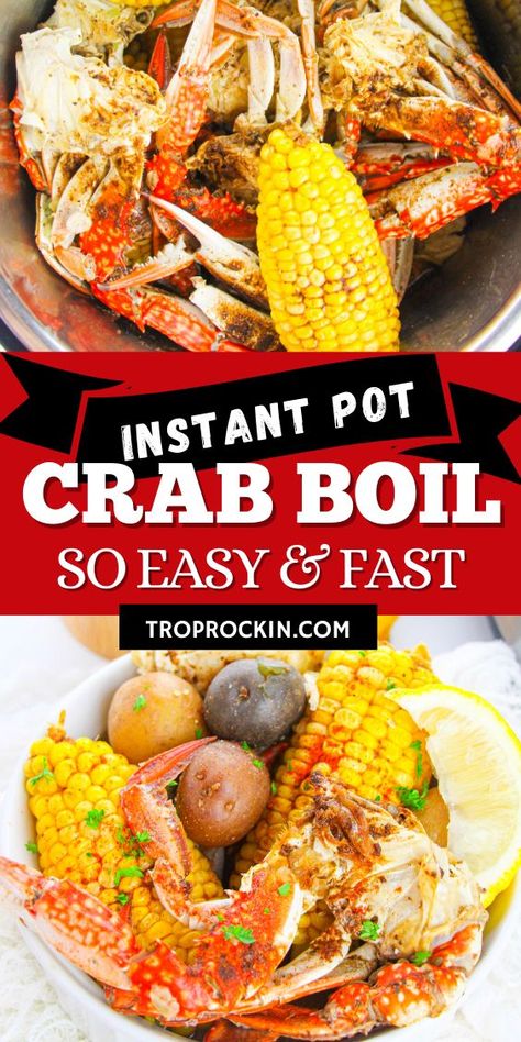 Looking for delish Instant Pot Recipes? This crab boil with corn, potatoes, onion, garlic and old bay seasoning comes to gether iquick and easy. This is one of my all time favorite instant pot recipes! Low Country Boil Instant Pot, Crab Boil Instant Pot, Instant Pot Snow Crab Legs Recipes, Crab Steam Pot Recipe, Instant Pot Seafood Boil, Instant Pot Crab Legs Recipes, Crab Legs In Instant Pot, Seafood Boil Instant Pot, Easy Crab Boil Recipe