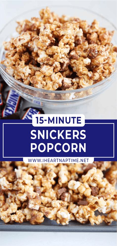 Kids aren't the only ones addicted to this snickers popcorn! This sweet, salty, and crunchy snack is one everyone can enjoy. Super easy to make, even with a homemade caramel sauce! Snickers Popcorn, Wedding Recipes, Peanut Popcorn, Homemade Caramel Corn, Homemade Chocolate Truffles, Dessert Truffles, Peanut Butter Bites, Popcorn Treats, Homemade Snickers