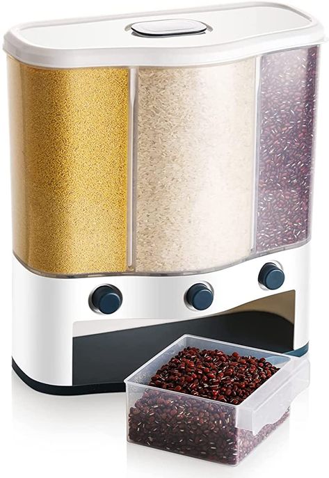 Food storage containers | Rice dispenser cereal| grain pulses container set| 3 grids wall mounted | countertop canisters with durable lid Kitchen Dispenser, Countertop Canisters, Grain Dispenser, Cereal Grain, Rice Dispenser, Rice Container, Cereal Dispenser, Dry Food Storage, Kitchen Storage Boxes