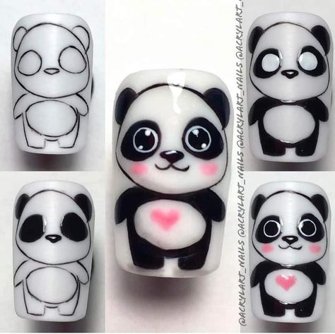 Cartoon Character Nails Step By Step, Panda Nail Art Design, Cute Bear Nails, Panda Nail Art, Cartoon Nail Designs, Animal Nail Designs, Cartoon Nail Art, Mickey Mouse Nails, Quick Nail Art