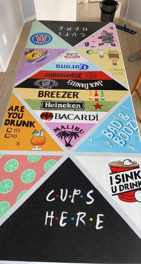 21st Birthday Beer Pong Table, Cool Beer Pong Tables, Halloween Beer Pong Table, Beer Pong Table Painted Alcohol Brands, Bear Pong Tables, Beer Pong Table Template, Pong Table Layout, Drinking Table Painted, Frat Beer Pong Table