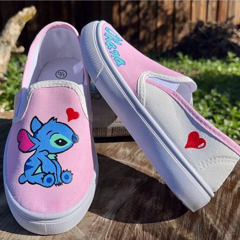 Stitch Painted Shoes, Hand Painted Shoes Diy, Canvas Shoes Diy, Stitch Shoes, Painted Shoes Diy, Light Pink Background, Painted Canvas Shoes, Shoe Ideas, Shoes Diy