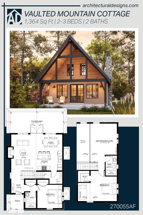 The steep pitch in the gabled roofline creates a dramatic vaulted porch on the back of this Mountain Cottage design. The living area of this rustic house plan gains vertical space from the vaulted ceiling and the open layout makes the heart of the home feel even larger. The island kitchen features a nearby pantry and laundry room combo, while a forward-facing bedroom neighbors a full bath and completes the main level. The second floor has 7' walls and a vaulted ceiling. The front bedroom has a bunk bed nook while the space in back - which is partially open to below - can be used as a loft or as a third bedroom. Related Plan: Get a 2-car attached garage and mudroom with house plan 270082AF (1,662 sq. ft.).Send DataSend Data.
❤️Click on the link #tinyhouse #tinyhouseplans Bunk Bed Nook, Pantry And Laundry Room Combo, Vaulted Back Porch, Vaulted Porch, Laundry Room Combo, Loft Floor Plans, Bed Nook, Loft House Design, Rustic House Plans