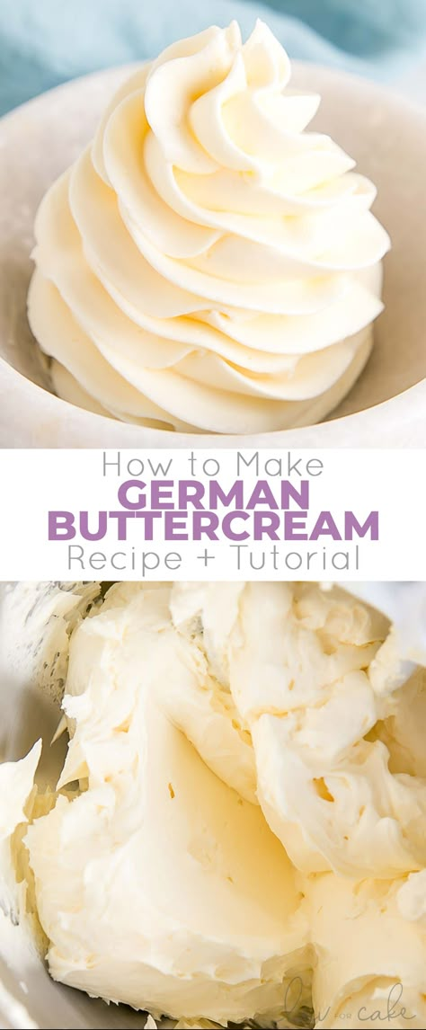 This custard-based German buttercream is made with just a few simple ingredients. Perfect for those who like a rich and silky frosting that isn't too sweet! Buttercream Frosting With Pudding, Best Food Coloring For Buttercream Frosting, Good Buttercream Frosting Recipe, Amaretto Buttercream Frosting, Better Cream Frosting Recipe, Bakery Buttercream Frosting, German Buttercream Recipe, Frosting For Cupcakes, German Buttercream