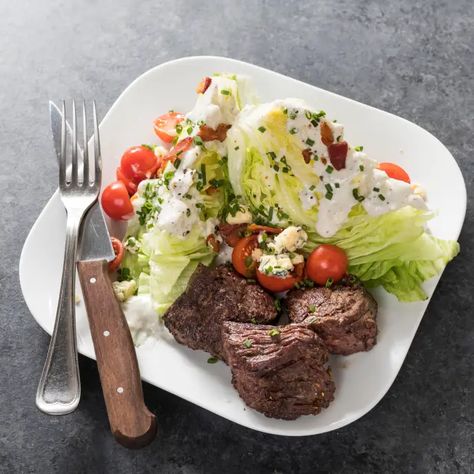 Wedge Salad with Steak Tips | Cook's Country Salad With Steak, Lettuce Wedge, Louisiana Kitchen, Donut Toppings, Steak Tips, Cookie Toppings, Classic Salad, Wedge Salad, America's Test Kitchen Recipes