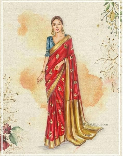 Indian Saree Illustration, Saree Illustration Fashion Sketch, Party Wear Illustration Fashion, Saree Sketches Fashion Illustration, Saari Illustration, Saree Drawing Sketches, Saree Illustration Sketch, Sari Drawing, Saree Fashion Illustration