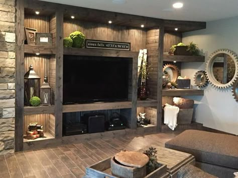 Rustic Tv Wall Ideas Mounted Tv, Rustic Tv Wall Ideas, Rustic Entertainment Center, Tv Wall Ideas, Basement Finish, Theatre Ideas, Rustic Basement, Basement Living, Basement Living Rooms