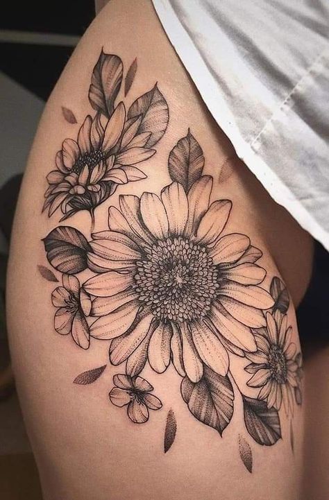 Sunflower Tattoo Thigh, Side Hip Tattoos, Remove Tattoo, Girl Shoulder Tattoos, Arm Sleeve Tattoos For Women, Horoscope Tattoos, Full Arm Tattoos, Beautiful Flower Tattoos, Hip Tattoos Women