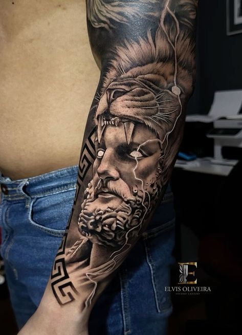 Hercules Tattoo, Clock Tattoo Sleeve, Greek God Tattoo, Tattoo Ideas Males, Men Tattoo Ideas, God Tattoo, God Tattoos, Studio Tattoo, 3 Tattoo