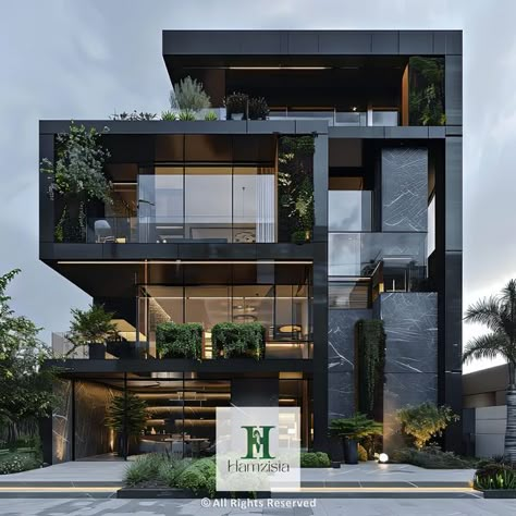 Hamzista | Midnight Horizon Oasis: Blending Futuristic Design with Timeless Luxury | Facebook Futuristic House Exterior, Futuristic House Architecture, 4 Story House, Modern Futuristic House, Apartments Building, Black Homes, Futuristic House, Modern Tropical House, House Outer Design