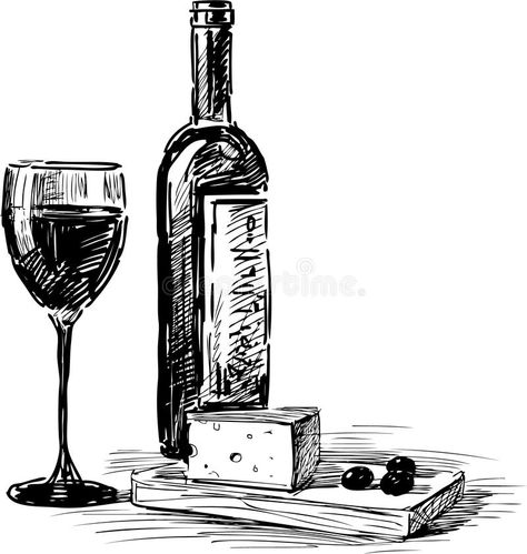 Wine Bottle Drawing, Wine Bottle Images, Wine Glass Images, Cheese Drawing, Wine Glass Drawing, Wine Glass And Bottle, Art Du Vin, Grape Wine, Bottle Drawing