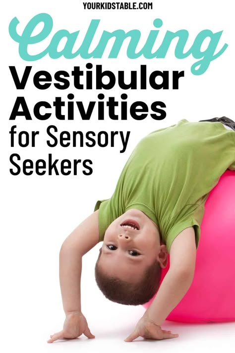 Whether you’ve got a sensory seeking, sensory avoidant, and/or sensory processing disorder kid, vestibular activities can be a powerful tool for calming and sensory regulation. Learn 45+ DIY vestibular exercises to try with your child indoors, and how to address the vestibular system through a sensory diet. Great for gross motor skills and occupational therapy ideas for at home, school, or the clinic. Locomotor Movements, Sensory Processing Activities, Vestibular Activities, Sensory Integration Activities, Proprioceptive Activities, Sensory Regulation, Sensory Seeking, Sensory Integration Therapy, Sensory Seeker