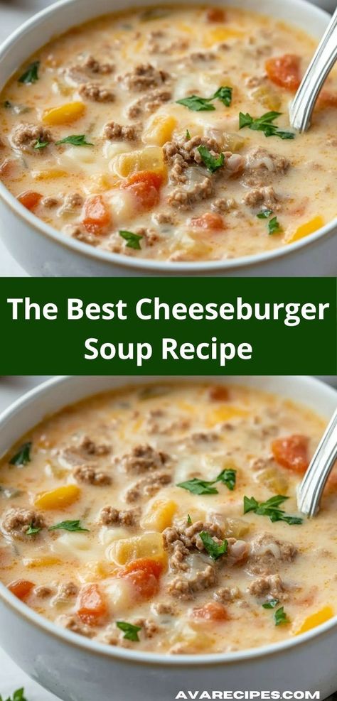 Discover a quick and delicious dinner solution with our Cheeseburger Soup recipe. It’s a fantastic way to enjoy the flavors of a classic burger in a simple soup, making it perfect for busy families. Best Cheeseburger Soup, Soup Cheeseburger, Easy Cheeseburger Soup, Pagan Food, The Best Cheeseburger, Cheeseburger Soup Recipe, Seafood Ideas, Beef Potatoes, Cheese Burger Soup Recipes