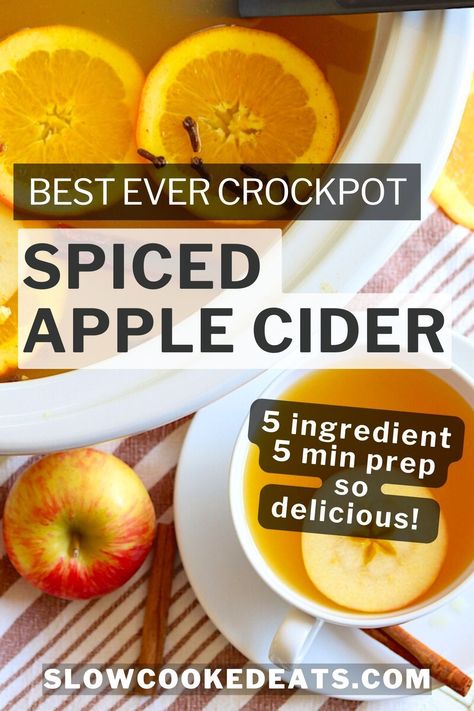 5 ingredient orange spiced crockpot apple cider with mulling spices - the perfect cozy drink recipe for Fall. Slow cooker spiced cider is perfect for serving a crowd. Leftovers can be frozen and enjoyed later! Crockpot Beverages, Crockpot Cider, Hot Mulled Apple Cider, Crockpot Apple Cider, Spiced Apple Cider Recipe, Hot Apple Cider Recipe, Mulled Cider Recipe, Fall Slow Cooker, Slow Cooker Apple Cider