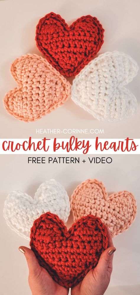 Pinterest graphic for the Crochet Bulky Heart Plush Pillows free pattern plus video at heather-corinne.com. Free Heart Crochet Pattern, Heart Crochet Pattern, Crocheted Hearts, Crochet Quotes, Valentine Crochet, Crochet Valentine Patterns, Crochet Valentines, Crochet Valentine, Heart Plush