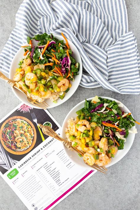 Caribbean shrimp and coconut rice on two plates with a green chef recipe card behind. Caribbean Shrimp, Shrimp Coconut, Homechef Recipes, Green Chef Recipes, Rice Shrimp, Healthy Pasta Dishes, Green Chef, Shrimp And Vegetables, Hello Fresh Recipes