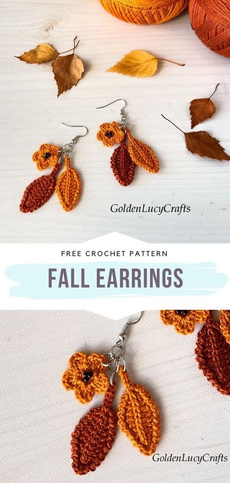 Halloween Crochet Jewelry, Halloween Crochet Earrings Pattern, Earring Crochet Pattern, Crochet Orange Flower, Knit Projects To Sell, Crochet Pumpkin Earrings, Crochet Leaf Earrings Free Pattern, Crochet Halloween Earrings Free Pattern, Fall Crochet Flowers