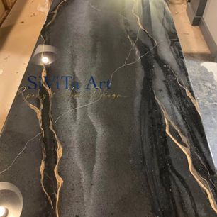 Black Gold Epoxy Countertop, Epoxy Shower Wall, Black Epoxy Countertop, Epoxy Countertop Ideas, Countertops Epoxy, Nutrition Design, Epoxy Countertops, Bus Ideas, Black And Gold Aesthetic