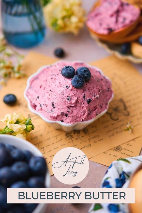 This Whipped Blueberry Butter is full of fresh blueberries in a light and fluffy spreadable butter with a hint of vanilla and lemon. It comes together in under 10 minutes with just 5 simple ingredients! Spread it over toast, muffins, pancakes, and more! Blueberry Butter Recipe, Blueberry Butter, Blueberry Simple Syrup, Spreadable Butter, Whipped Honey, Strawberry Butter, Flavored Butter, Blueberry Jam, Berries Recipes