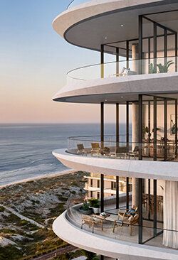 Edge Visionary Living - Apartment Living Re-Imagined Elevated Building Architecture, Beach High Rise Apartment, Beach Front Apartment Building, Highrise Residential Building, Futuristic Hotel Exterior, Mediterranean Hotel, Compound Wall Design, Hotel Facade, Round Building