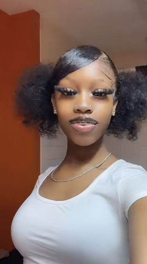 Middle Part Hairstyles Natural Hair, Heart Swoop Ponytail Natural Hair, Hair Styles 2 Ponytails, Natural Hairstyles For Black Women Swoop, Low Pony Hairstyles Natural Hair, Hair Styles With Natural Hair Black, Heart Swoop Hairstyle Natural Hair, Natural Hair Swoop, Two Puff Hairstyles Black Women