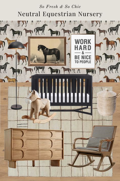 Vintage Horse Nursery, Horse Nursery Girl, Horse Themed Nursery, Rodeo Nursery, Horse Nursery Theme, Black Crib Nursery, Equestrian Nursery, Neutral Nursery Design, Pony Nursery