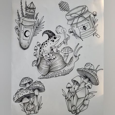 Witchy Cottagecore Tattoo, Cottagecore Flash Tattoo, Cottage Core Tattoo Sleeve, Fairy House Tattoo, Cottage Core Tattoo Ideas, Shroom Tattoo, Cottage Core Tattoos, Xx Tattoo, Cottagecore Tattoos